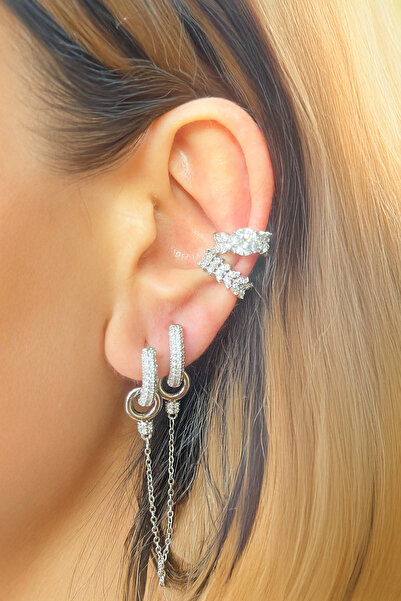 fk studio design Zirkon Taşlı Vip 2 Şerit Earcuff Kıkırdak Küpe
