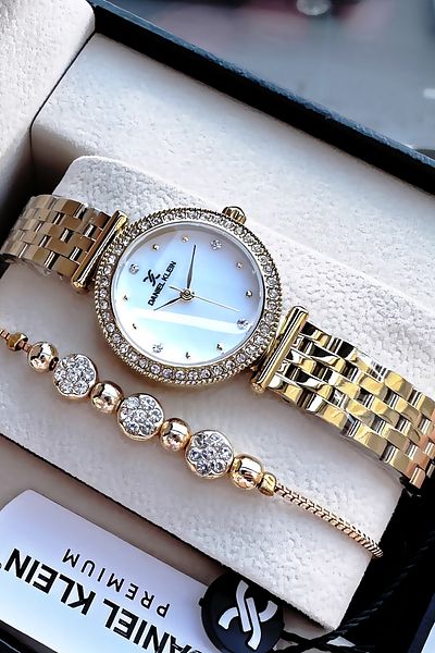 Daniel Klein Original Stone Case Waterproof Women Wristwatch Gold Color Steel Cord Gift Bracelet Dkby2042C1