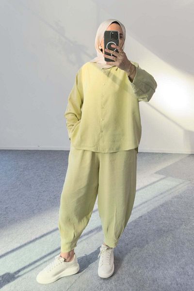 Hatun Atila Modal Fabric Oversize Shirt and Baggy Trousers Double Suit 5210 - Fat Green