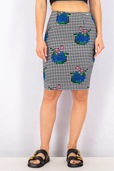 Guess Women Floral Embroidered Gingham Pattern Pencil Skirt, Multicolor