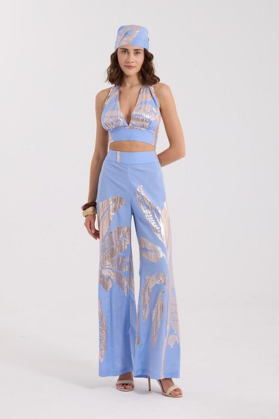 NOK İSTANBUL Golden Palm Elastic Waist Trousers Blue