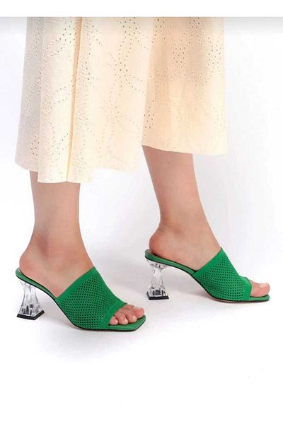 WEBORN Women's Green Daily Comfortable Transparent Heeled Knitwear Stylish Evening Dress Summer Slippers