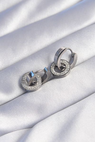MBB ETİCARET 316L Steel Silver Color Zircon Stone Nested Oval Earrings - Tj-Bkp9013