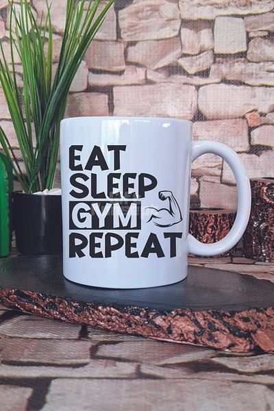 giftkonsept Eat Sleep Gym Repeat Written Gym Sports Fitness Routine Gift Printed Tea Coffee Presentation Mug Cup
