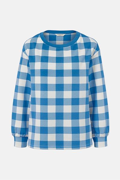 Tchibo Women Crew Neck Checkered Long Sleeve Sweatshirts, Blue/White