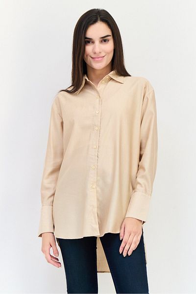 Juicy Couture Women Spread Collar Long Sleeves Plain Shirt, Beige