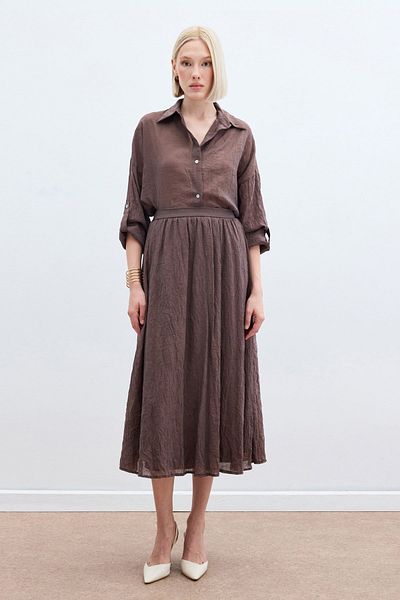 Sateen Kraşlı Flared Skirt - Brown