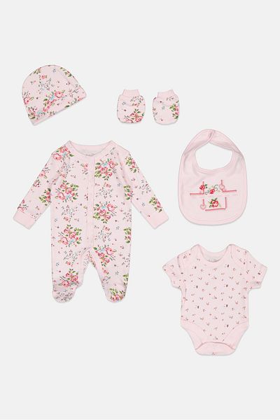 Rock A Bye Baby Boutique Toddlers Girl 5 pcs Floral Print Bodysuit, Bib, Beanie And Mitts Set, Multicolor