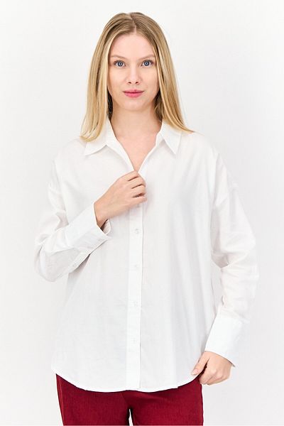 Kathy Ireland Women Regular Fit Plain Long Sleeves Casual Shirt, White