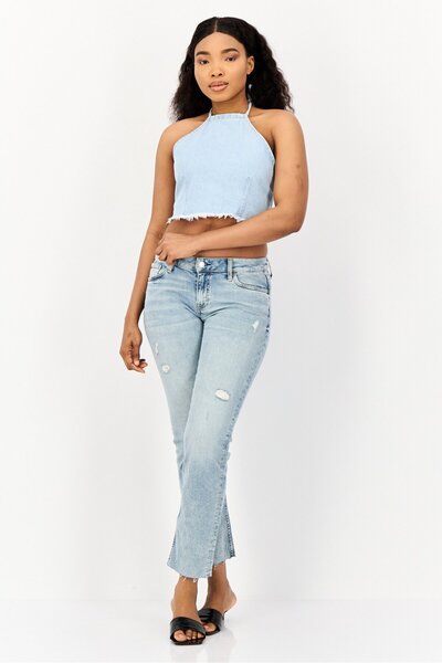 Cropp Women Halter Neck Sleeveless Tie Detail Denim Crop Top, Blue