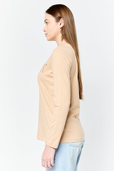 Esprit Women Crew Neck Long Sleeves Brand Logo T-Shirt, Tan