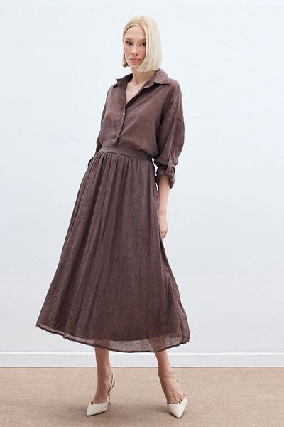 Sateen Kraşlı Flared Skirt - Brown