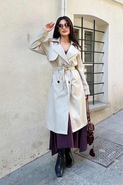moda armanc Women's Double Breasted Collar Cream Trench Coat - 5918
