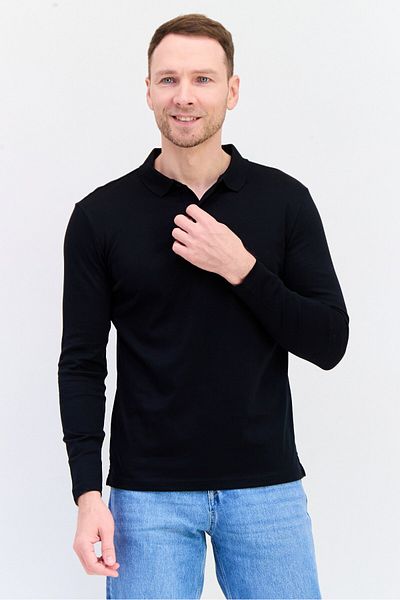 Giordano Men Slim Fit Solid Full Sleeves Polo Shirt, Black
