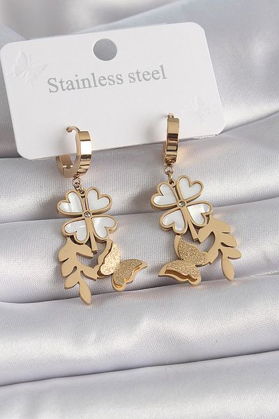 MBB ETİCARET 316L Steel Gold Color White Pearlescent Clover Silvery Butterfly Figure Women's Earrings - Tj-Bkp9566