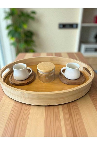 Noah Exclusive Turkish Coffee 4 Piece Presentation Set - Bamboo Tray - 2 Coffee Cup with Plate - Lucky