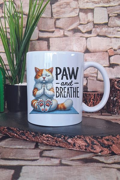 giftkonsept Paw and Breathe Printed Cat Yoga Meditation Gift Printed Tea Coffee Presentation Mug Cup