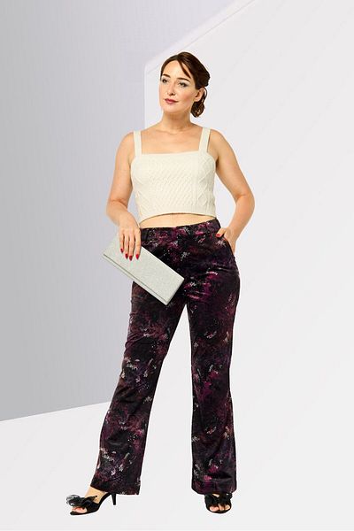 Scotch & Soda Women Regular Fit Allover Print Flare Pants, Dark Purple