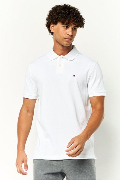 Tommy Hilfiger Men Spread Neck Short Brand Logo Polo Shirt, White