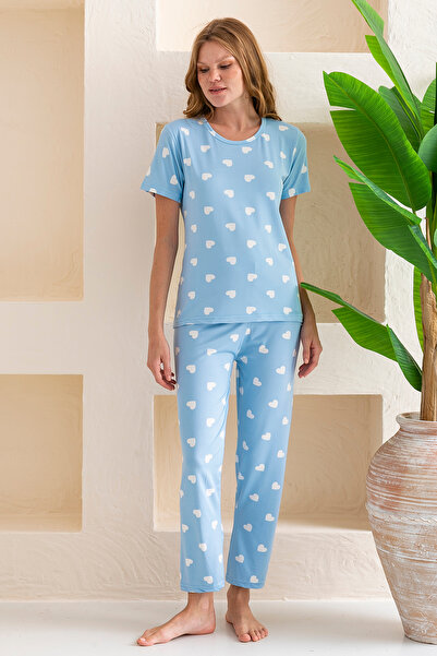 GİYSA Costum de pijama pentru femei, cu mânecă scurtă, cu model de inimă, albastru bebeluș - 6016