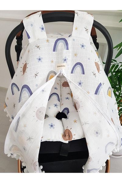 ilkimbebe Sun and Rainbow Muslin Zippered Stroller Cover and Cushion