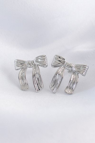 MBB ETİCARET Brass Silver Color Line Detail Bow Earrings - Tj-Bkp8935