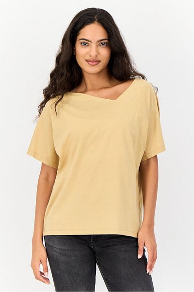 Giordano Women Asymmetrical Neckline Short Sleeves Plain Top, Khaki