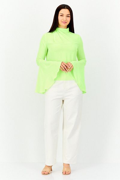 MSGM Women Mock Neck Bell Sleeves Solid Blouse, Lime Green