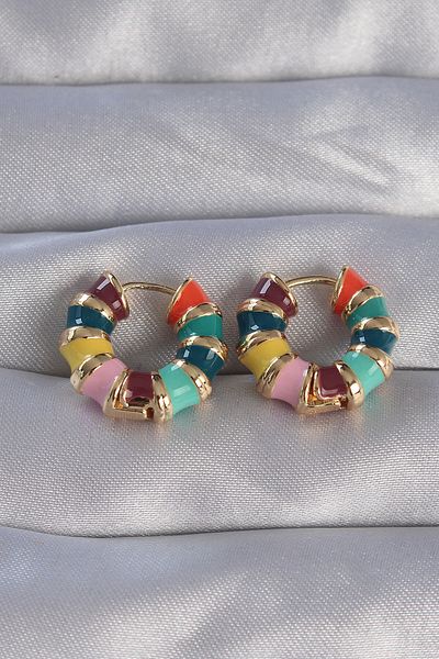 MBB ETİCARET Brass Gold Color Enamel Multicolor Embossed Hoop Earrings - Tj-Bkp9077