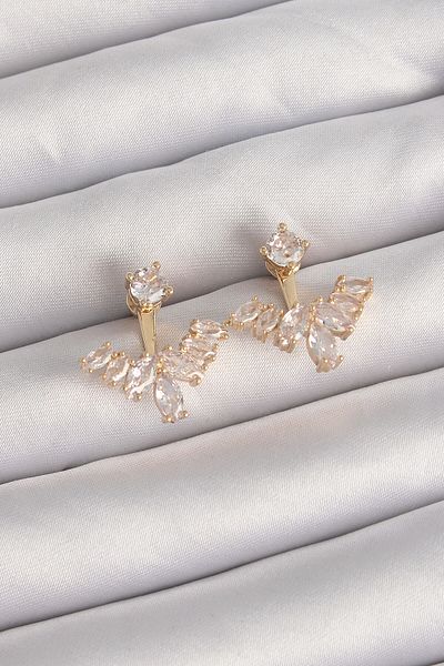 MBB ETİCARET Brass Gold Color Zircon Stone V Model Earrings - Tj-Bkp9291