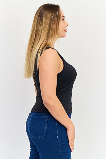 Bebe Women Square Neck Sleeveless Solid Tank Top, Black