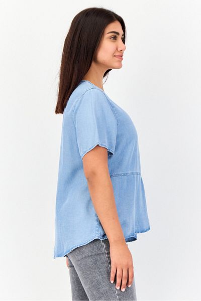 Giordano Women Round Neck Short Sleeve Washed Top, Blue