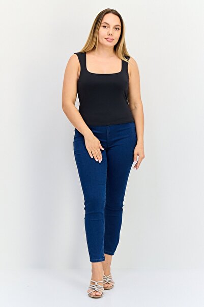 Bebe Women Square Neck Sleeveless Solid Tank Top, Black