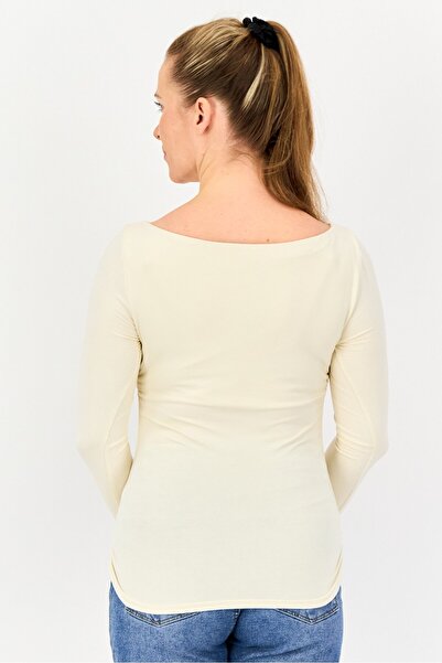 Bebe Women Crew Neck Long Sleeve Solid T Shirt, Cream