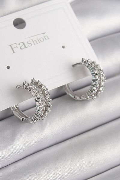 MBB ETİCARET Brass Silver Color Zircon Stone Hoop Model Women's Earrings - Tj-Bkp9966