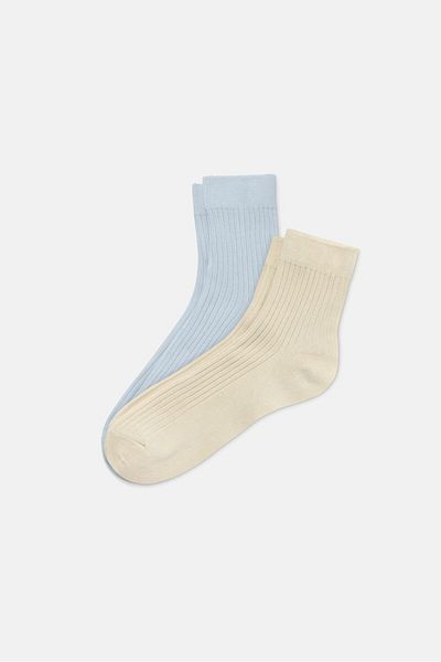 Tchibo Women 2 Pair Textured Socks, Tan and Light Blue