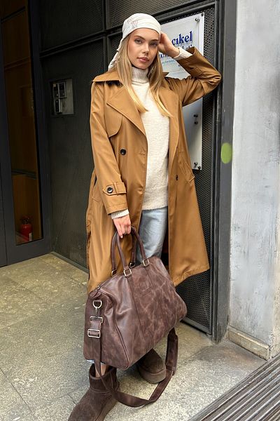 moda armanc Women's Double Breasted Collar Tan Trench Coat - 5918