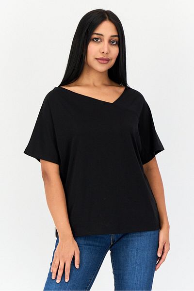 Giordano Women Asymmetrical Neck Short Sleeve Plain T-Shirt, Black