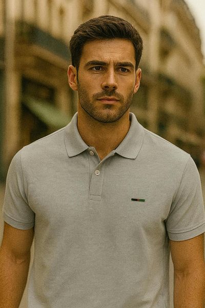 DAMGA JEANS Ανδρικό κοντομάνικο μπλουζάκι με βασικό γκρι φαρδύ γιακά πόλο