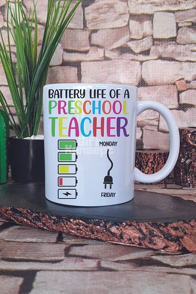 giftkonsept Battery Life of a Preschool Written Funny Preschool Gift Printed Tea Coffee Presentation Mug Cup