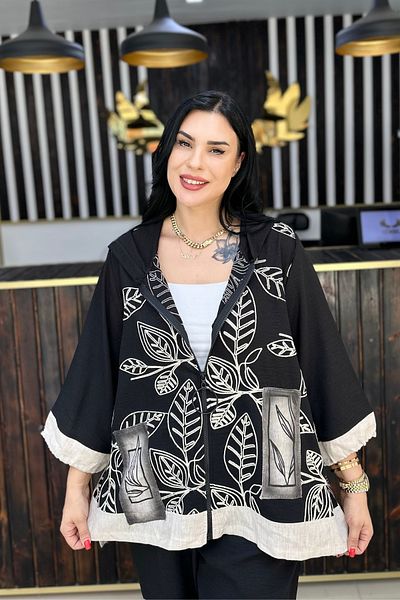GÖKSEL Embroidered Linen Zipper Black Large Size