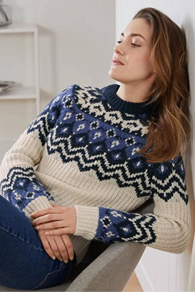 Tchibo Women Crew Neck Knitted Sweater, Beige Combo