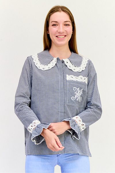 Maje Women Spread Collar Long Sleeves Gingham Pattern Shirt, Multicolor