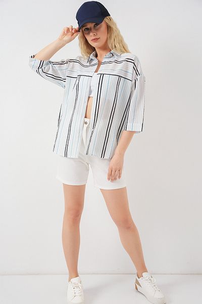 Bigdart Women's Striped Short Sleeve Shirt 20344 - Light Blue