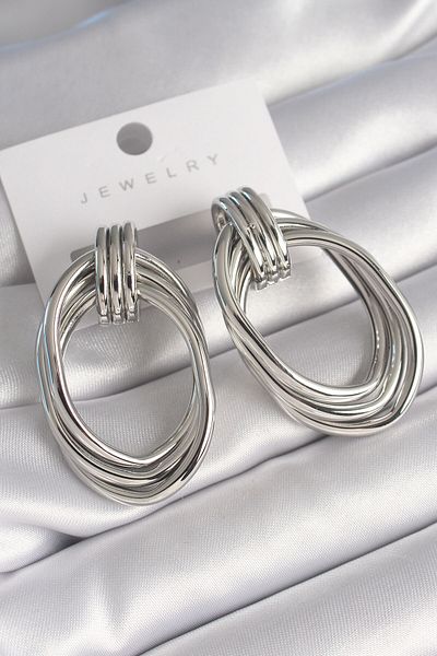 MBB ETİCARET Brass Silver Color Oval Model Women's Earrings - TJ-BKP8730