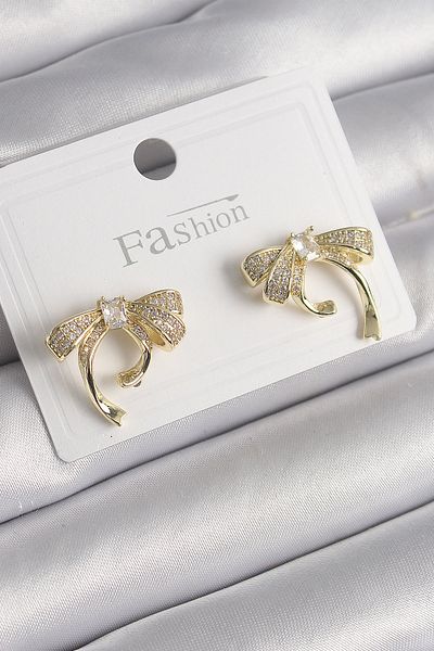 MBB ETİCARET Brass Gold Color Zircon Stone Bow Model Women's Earrings - Tj-Bkp9999