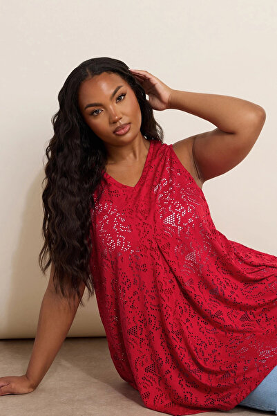 Stil Diva Large Size V Neck Zero Sleeve Unlined Lace T-Shirt 304104