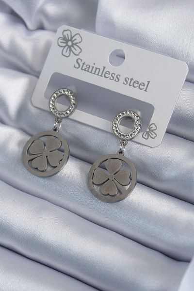 MBB ETİCARET 316L Steel Silver Color Zircon Stone Clover Model Embroidered Detail Women's Earrings - TJ-BKP7934