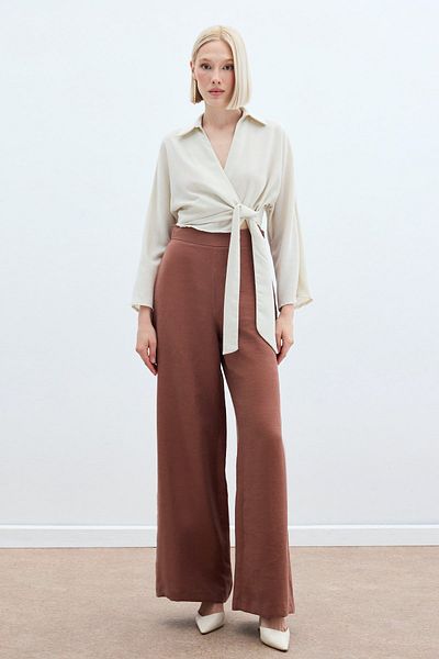 Sateen Casual Linen Trousers - Brown