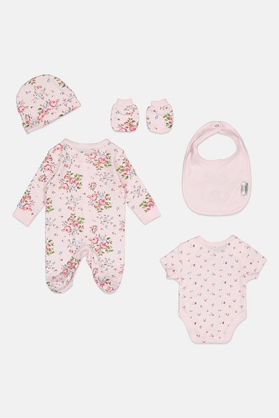 Rock A Bye Baby Boutique Toddlers Girl 5 pcs Floral Print Bodysuit, Bib, Beanie And Mitts Set, Multicolor